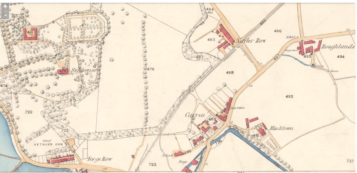 Map 1865 Carron and Nailer Row, 1865, Linked To: <a href='i333.html' >John McKenzie</a>
